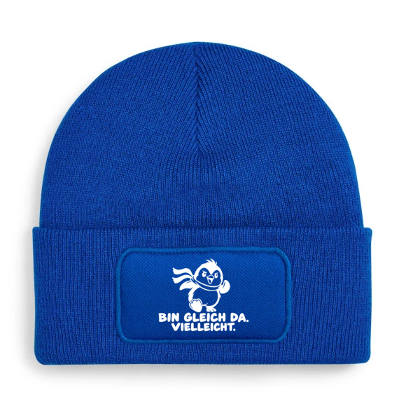 PEPAM Beechfield B445 mit Comic-Pinguin „BIN GLEICH DA. VIELLEICHT.“ in Blau