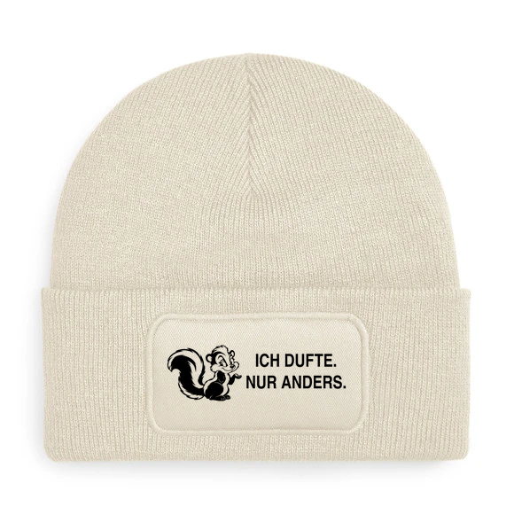 Mütze „ICH DUFTE. NUR ANDERS.“ – Stinktier, Farbe Beige