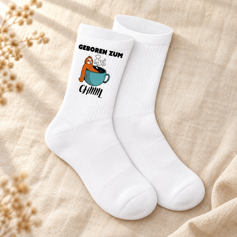 Weiße Spruchsocken mit Faultiermotiv auf cremefarbenem Leinen