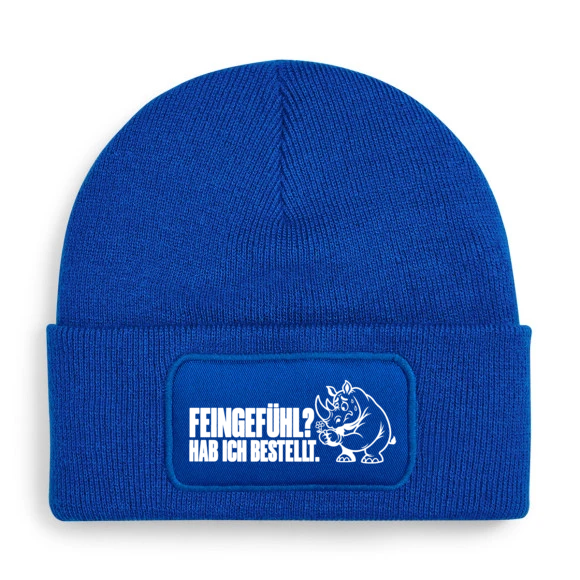 Mütze FEINGEFÜHL? HAB ICH BESTELLT. mit Comic-Nashorn in Blau