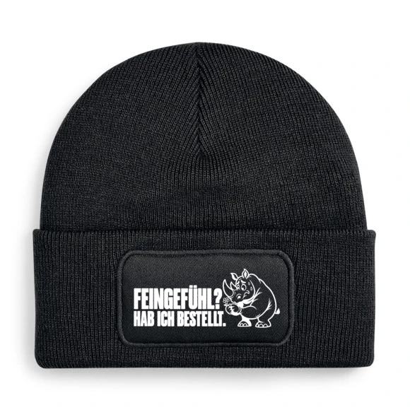 Mütze FEINGEFÜHL? HAB ICH BESTELLT. mit Comic-Nashorn in Schwarz
