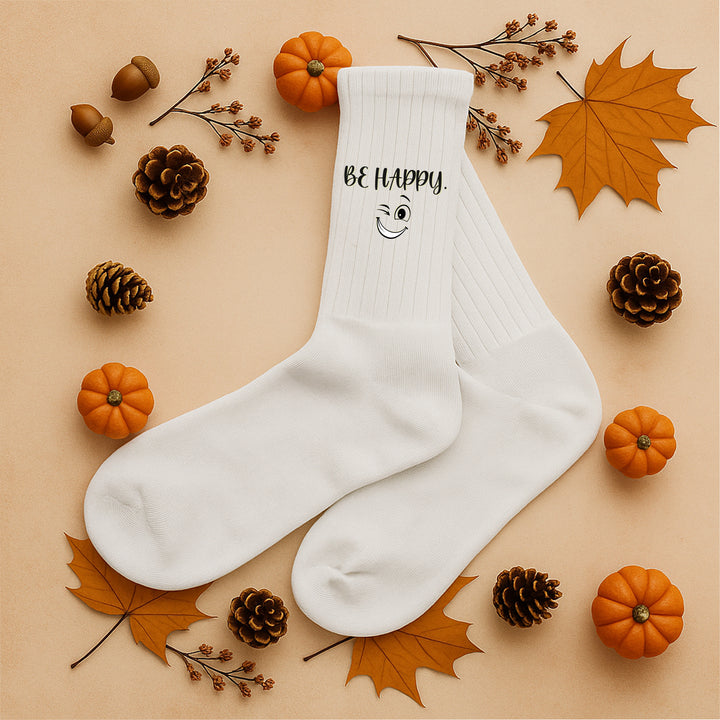 Socken „Be Happy“ – Positive Vibes Socken | Lustige Motivsocken mit Spruch | Geschenkidee für gute Laune