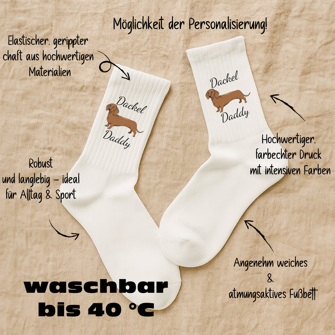 Socken „Dackel Daddy“ – Lustige Hunde-Socken | Geschenk für Dackel-Liebhaber | Tiermotiv aus Bio-Baumwolle | Made in Europe