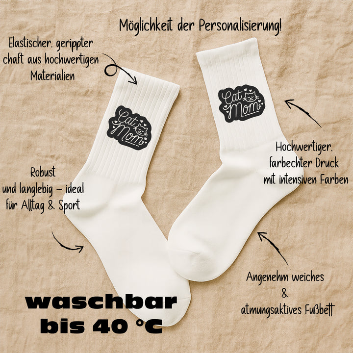 Socken „Cat Mom“ – Lustige Katzen-Socken für Frauen | Geschenk für Katzenliebhaberinnen | Tiermotiv aus Bio-Baumwolle