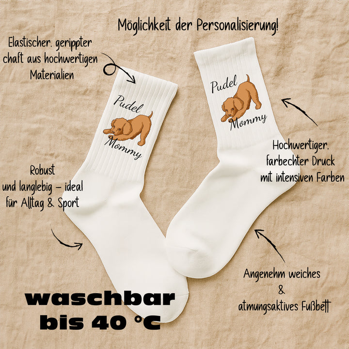 Socken „Pudel Mommy“ – Lustige Hunde-Socken für Frauen | Geschenk für Pudel-Liebhaberinnen | Tiermotiv aus Bio-Baumwolle | Made in Europe