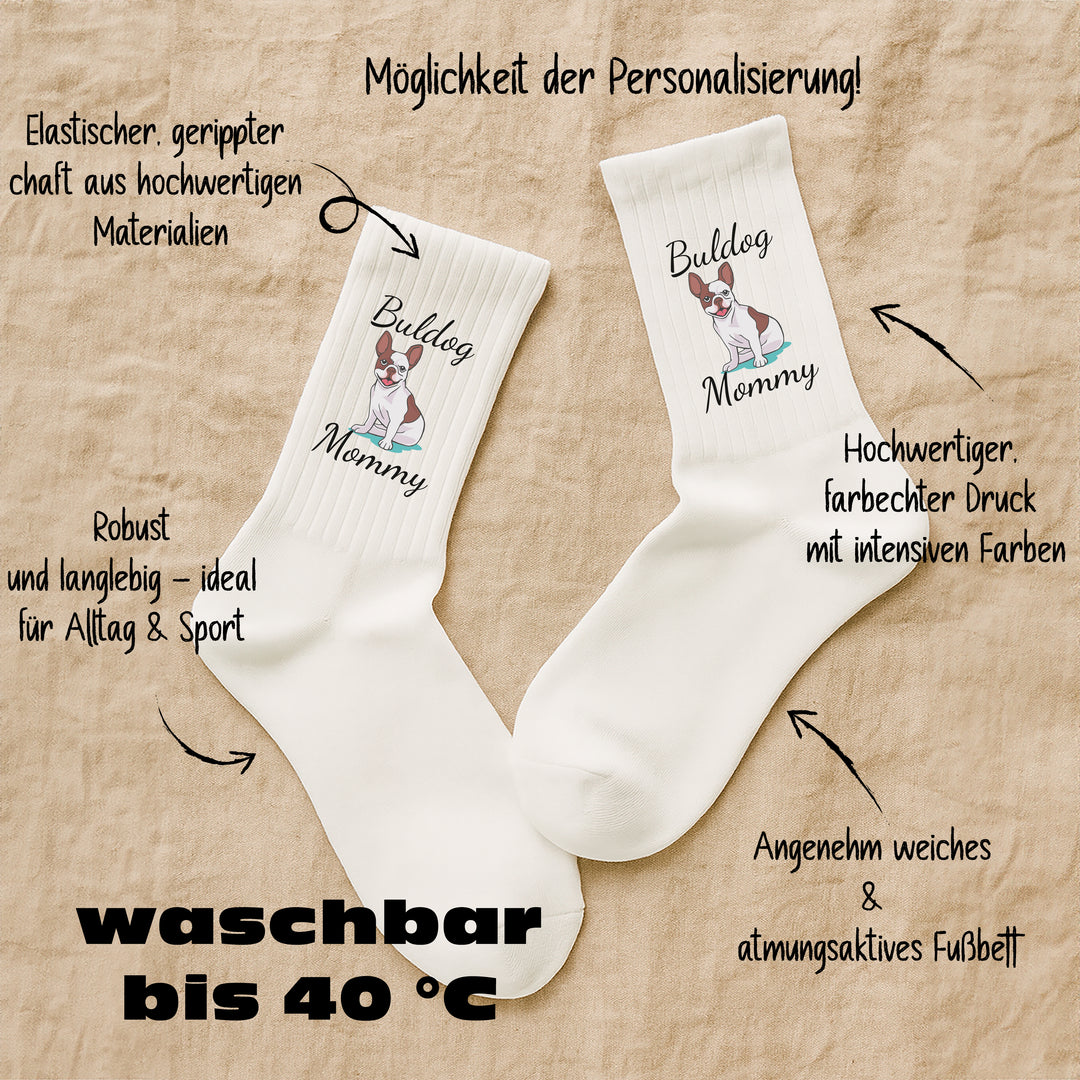 Socken „Bulldog Mommy“ – Lustige Hunde-Socken für Frauen | Geschenk für Bulldoggen-Liebhaberinnen | Tiermotiv aus Bio-Baumwolle