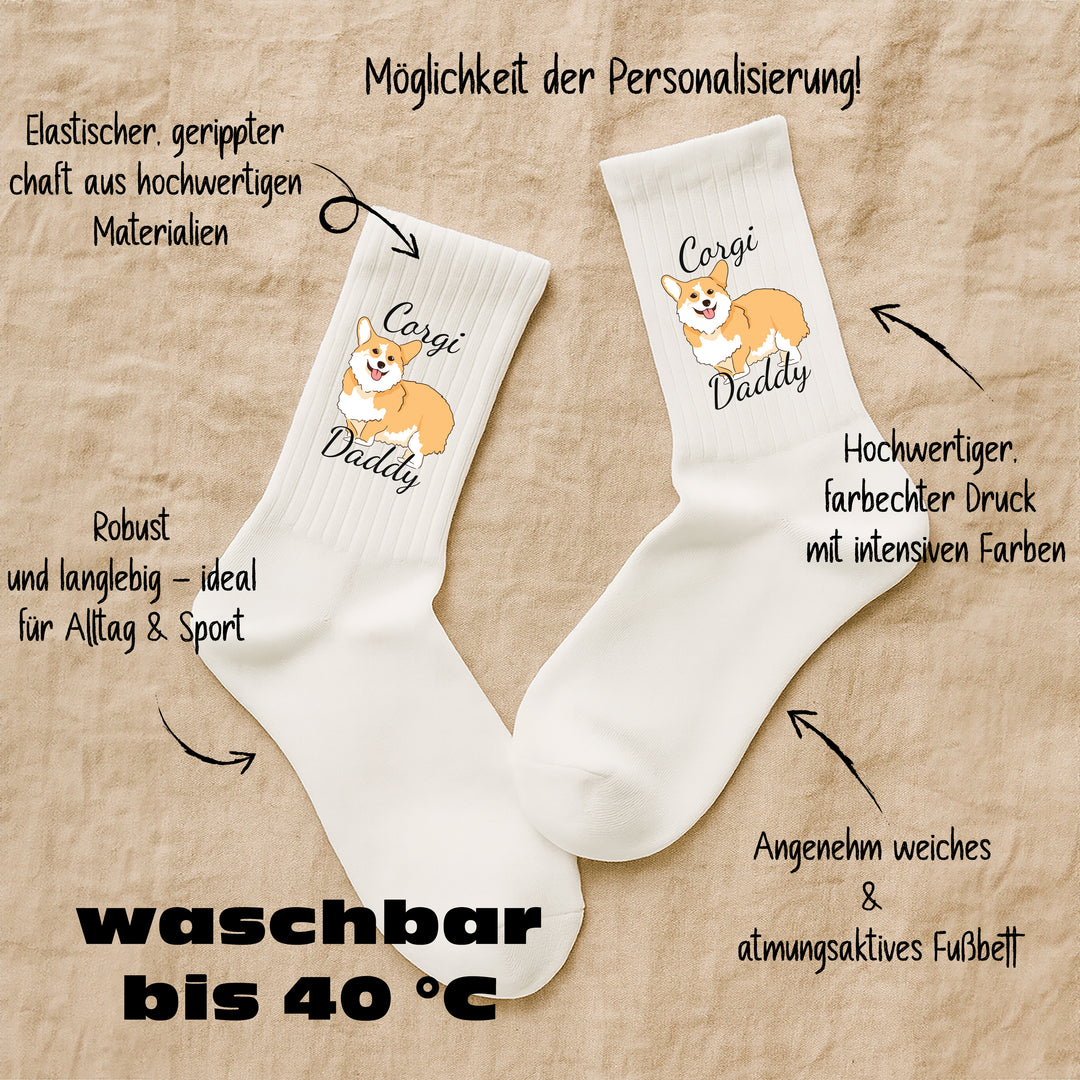 Socken „Corgi Daddy“ – Lustige Hunde-Socken | Geschenk für Corgi-Liebhaber | Tiermotiv aus Bio-Baumwolle | Made in Europe