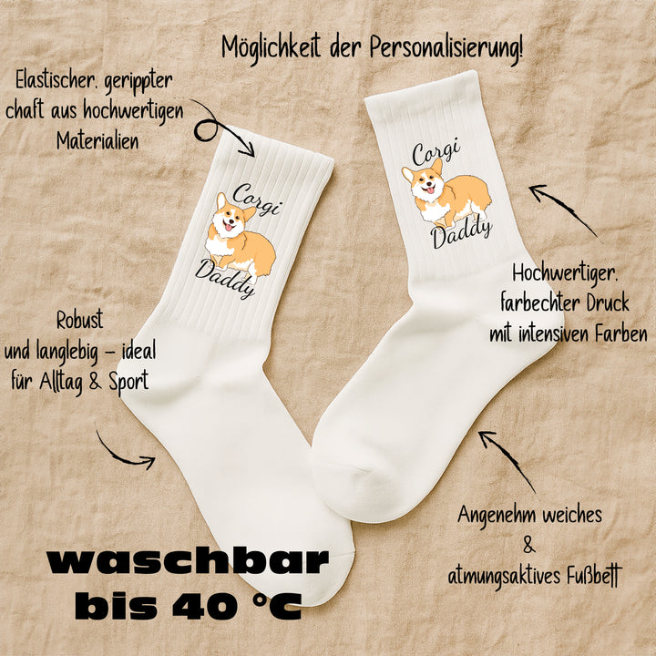 Socken „Corgi Daddy“ – Lustige Hunde-Socken | Geschenk für Corgi-Liebhaber | Tiermotiv aus Bio-Baumwolle | Made in Europe