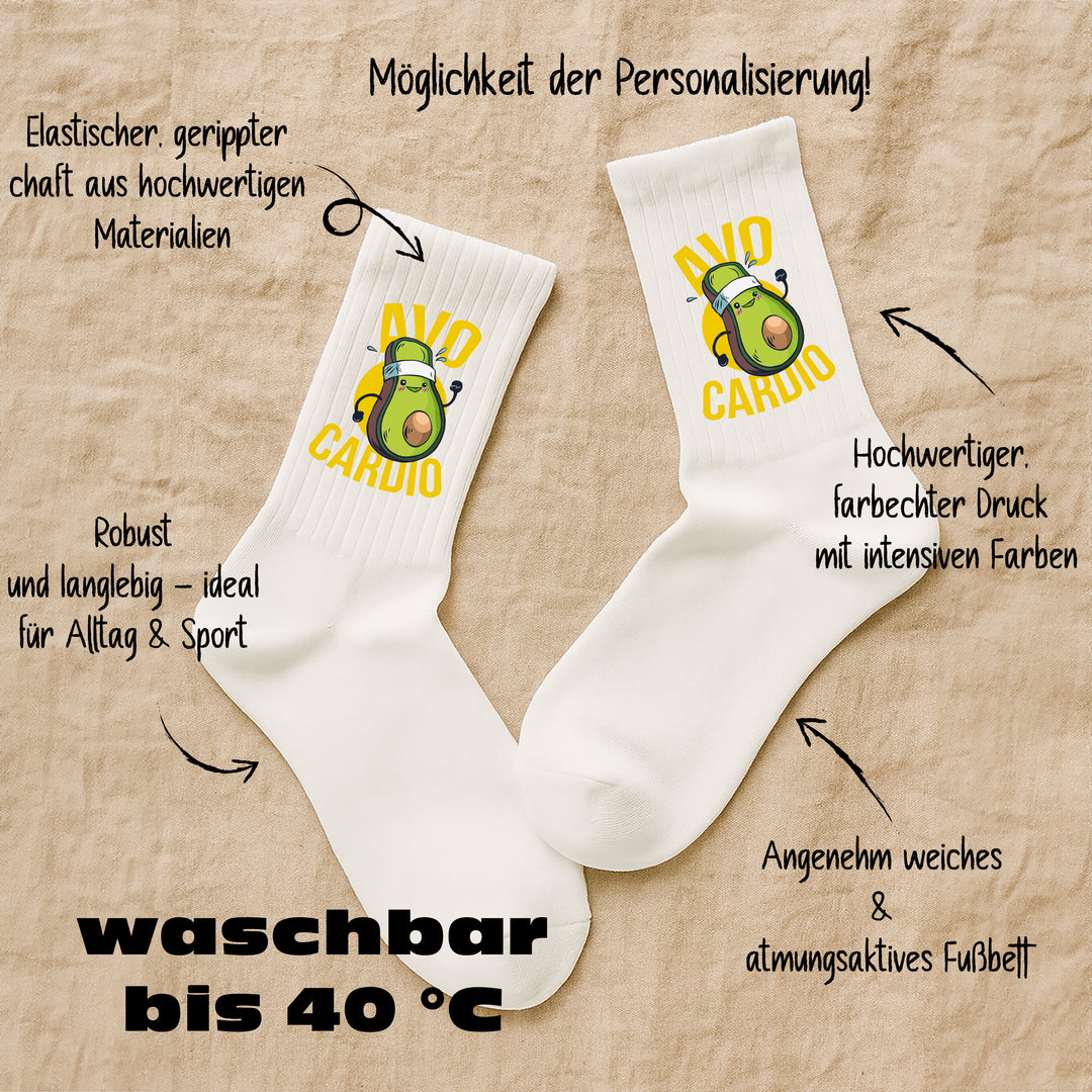 Socken „Avocardio“ – Lustige Fitness-Socken mit Avocado-Motiv | Witzige Sportsocken | Geschenk für Sportmuffel & Gym-Fans
