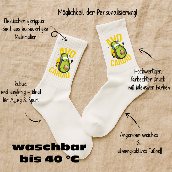 Socken „Avocardio“ – Lustige Fitness-Socken mit Avocado-Motiv | Witzige Sportsocken | Geschenk für Sportmuffel & Gym-Fans
