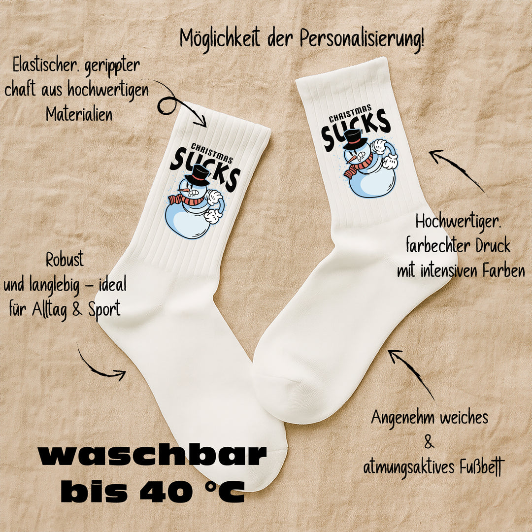 Socken „Christmas Sucks“ – Lustige Anti-Weihnachten Socken | Witzige Spruchsocken | Geschenk für Grinchs & Weihnachtsmuffel