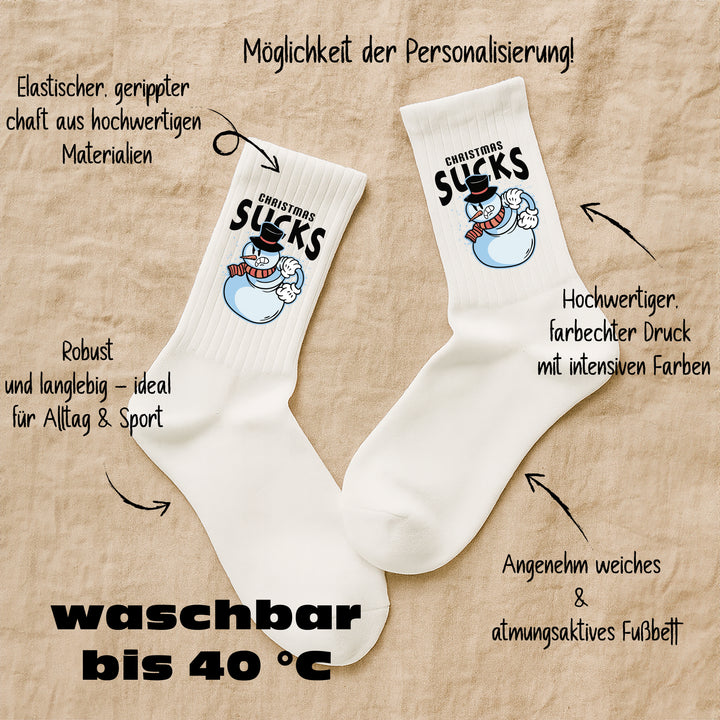 Socken „Christmas Sucks“ – Lustige Anti-Weihnachten Socken | Witzige Spruchsocken | Geschenk für Grinchs & Weihnachtsmuffel