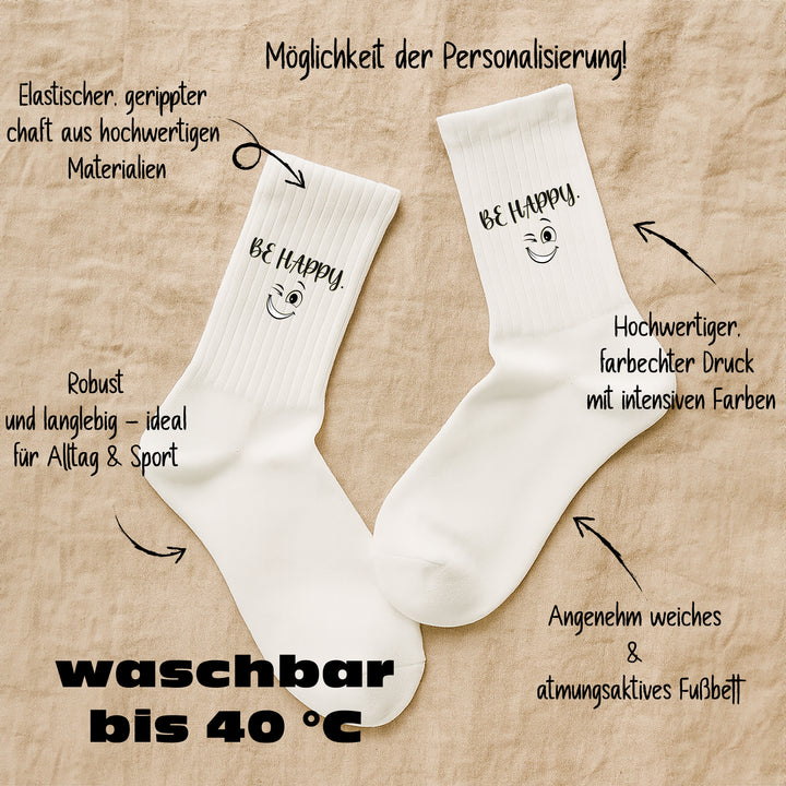 Socken „Be Happy“ – Positive Vibes Socken | Lustige Motivsocken mit Spruch | Geschenkidee für gute Laune