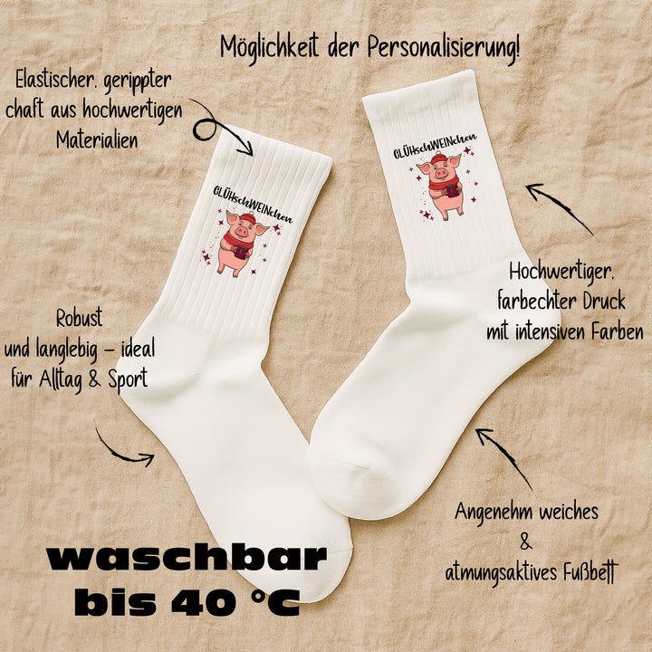 Socken „Glühschweinchen“ – Lustige Weihnachtssocken | Christmas Fun Socks mit Schweinchen-Motiv | Made in Europe