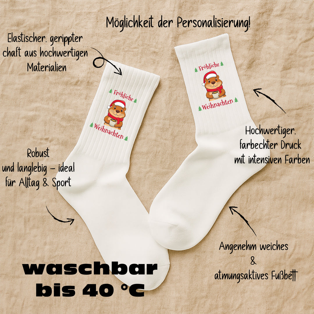 Socken „Fröhliche Weihnachten“ – Lustige Weihnachtssocken mit Biber-Motiv | Weihnachtsgeschenk aus Bio-Baumwolle | Made in Europe