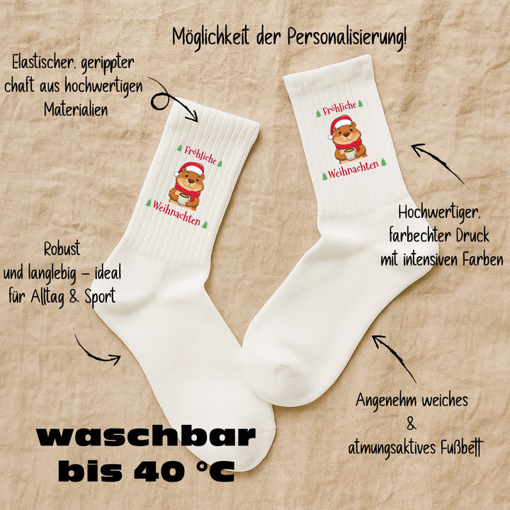 Socken „Fröhliche Weihnachten“ – Lustige Weihnachtssocken mit Biber-Motiv | Weihnachtsgeschenk aus Bio-Baumwolle | Made in Europe