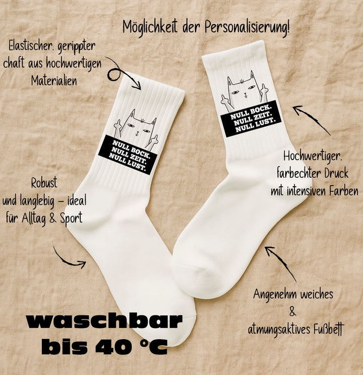 Socken „Null Bock. Null Zeit. Null Lust.“ – Lustige Spruchsocken | Fun & Lazy Socks aus Bio-Baumwolle | Geschenkidee mit Humor | Made in Europe